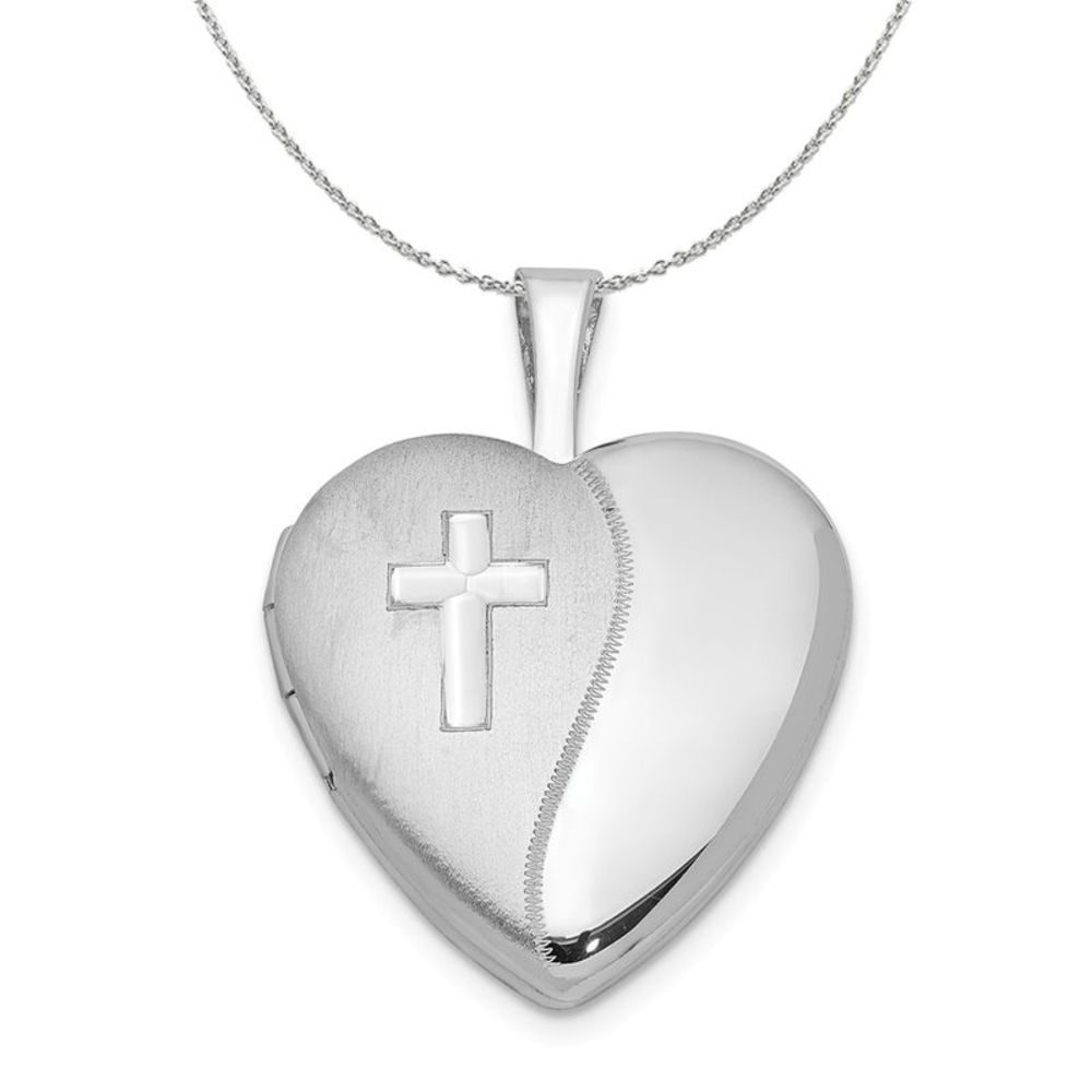 Silver 16mm Polished and Satin Heart w/ Cross Locket Necklace - 18 In